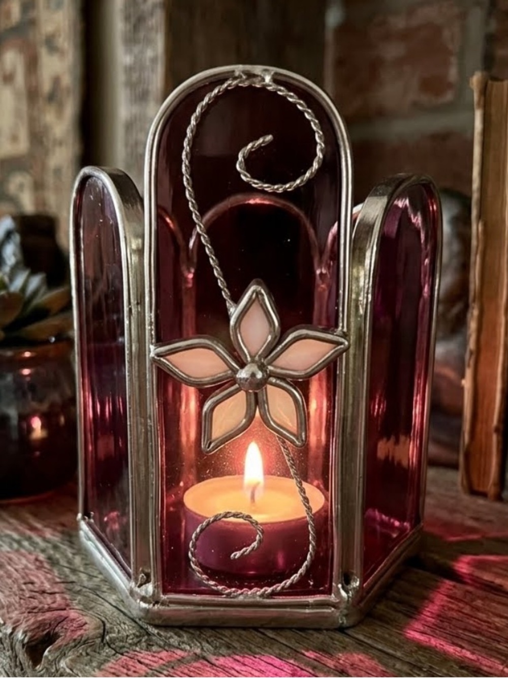 New Stained Glass Tea Light Holder with White Floral Accent